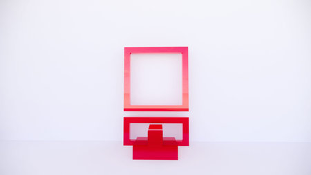 3d rendering for a product stand or studio with red boxes and red photo frames too, White Background