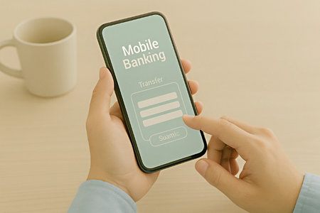 woman hand holding smart phone with mobile banking app on screen on tableの写真素材