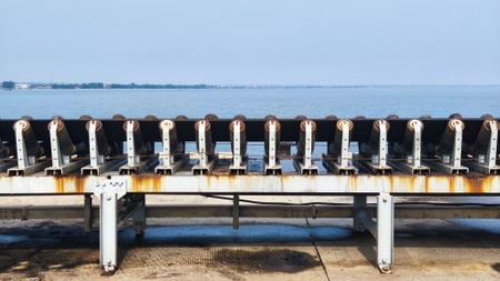 close up of conveyor machine with steel structureの写真素材