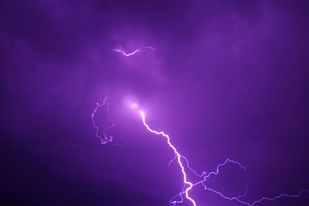 Bolts of lightning on night skyの写真素材