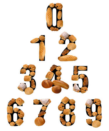 Breads and numbers isolated on white backgroundの写真素材