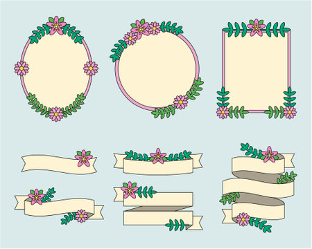 Set of floral wreaths and ribbons. Vector illustration.のイラスト素材