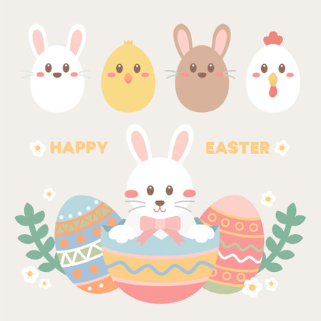 Easter greeting card with cute bunny and eggs. Vector illustration.のイラスト素材