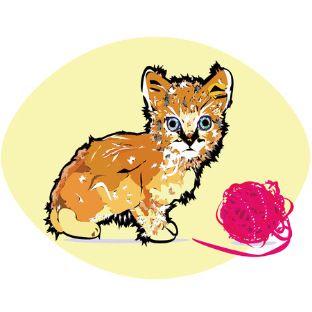 Surprised ginger kitten with huge blueish eyes sitting with a ball of wool and looking at you.のイラスト素材