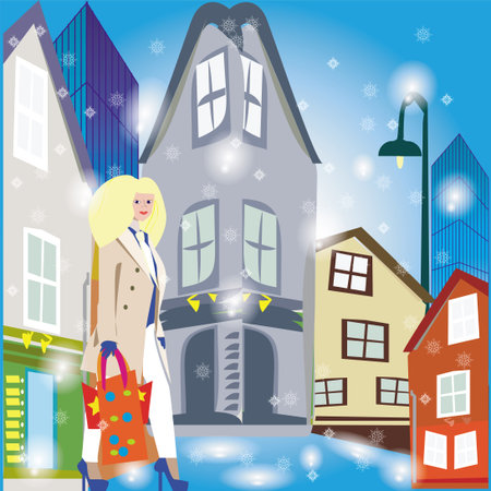 An illustration of a winter street with old and modern buildings on and a lady walking with shopping bags.のイラスト素材