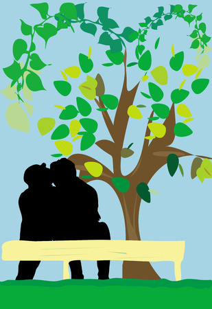 An illustration of a silhouette of a couple kissing and holding each other, while siiting on a bench with a blossoming tree behind.のイラスト素材