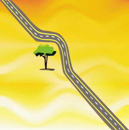 an illustration of a twisty road in the middle of nowhere, that is going around a lonely treeのイラスト素材