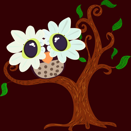 an illustration of a cartoony baby owl with glassy - flowerly eyes sitting of the top of the funny tree with leaves onのイラスト素材