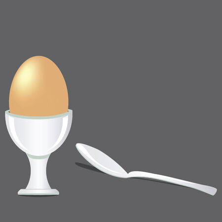 an illustration of a brown egg in an egg cup with a silver spoon near by and shadows from objectsのイラスト素材