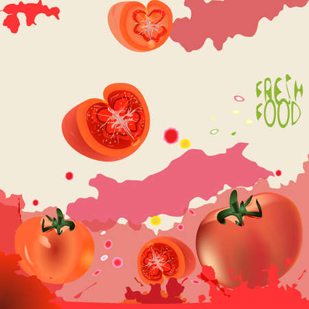 an illustration of a background of fresh tomatoes, whole and sliced, splashed with tomato juice with a "Fresh food" signのイラスト素材