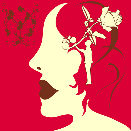 an abstract illustration of a sihouette of a girl face wearing cherry colored lip stick, with bunch of buterflyes in top left corner and one used as her hair clip and with rose, man and hair sketch in her head as a dreamのイラスト素材