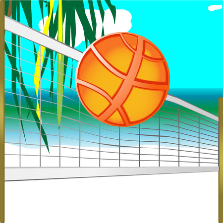 volleyball set, including: ball, net with wooden posts, with seaviews and palm tree leaves as a background illustrationのイラスト素材