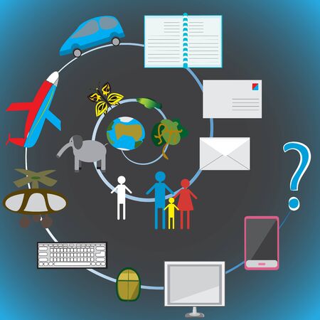 a vector illustration of an evolutionary chain starting with a planet Earth continuning with animals insects people communication items vehicles and computer gadgets. showing all major evolutionary stepsのイラスト素材