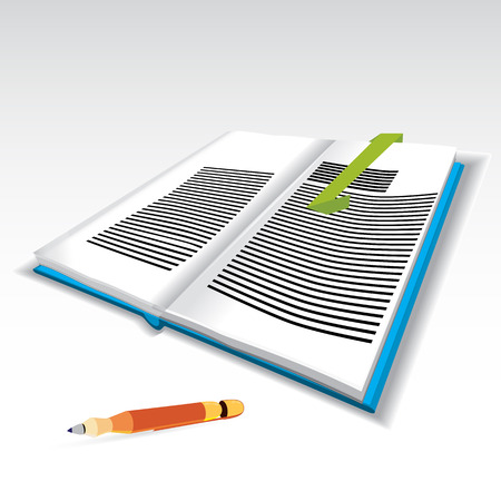 a vector illustration of a three dimensional blue book, with turning pages, some typing on it, bookmark and shade under. Orange pen includedのイラスト素材