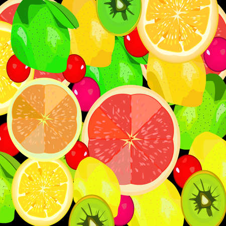 vector illustration of a background with fresh, whole and sliced tropical fruits and berriesのイラスト素材