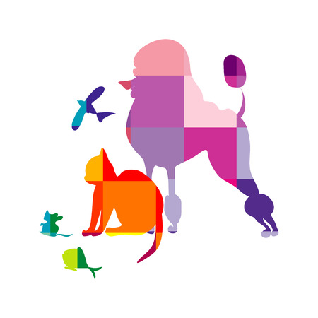 a schematical, multy-colored vector illustration of a dog, a cat, a mouse, a bird and a fishのイラスト素材