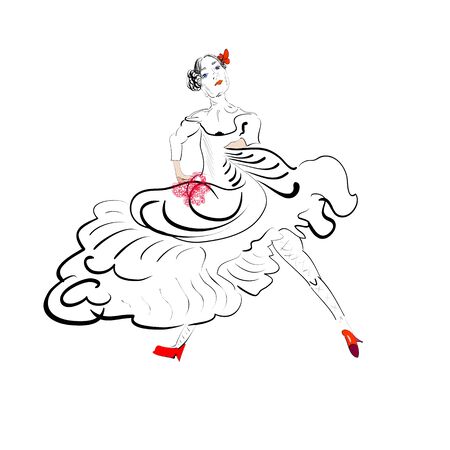 a vector illustration of a silhouette of a tango dancer girl with a fan in her handのイラスト素材