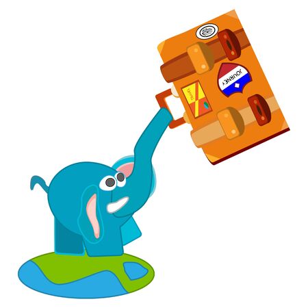 Illustration of a funny, blue elephant on the planet Earth with a suitcase in his trunkのイラスト素材