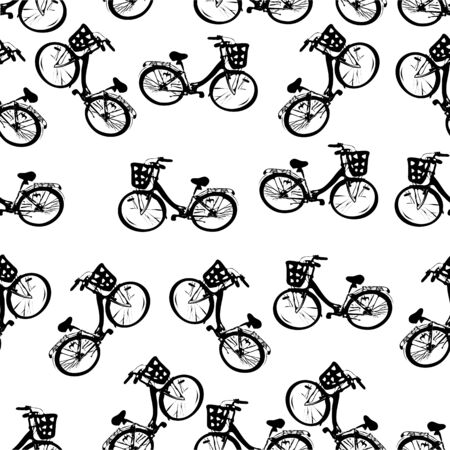 seamless pattern of a monochrome vector illustration of antique french, lady's bicyclesのイラスト素材
