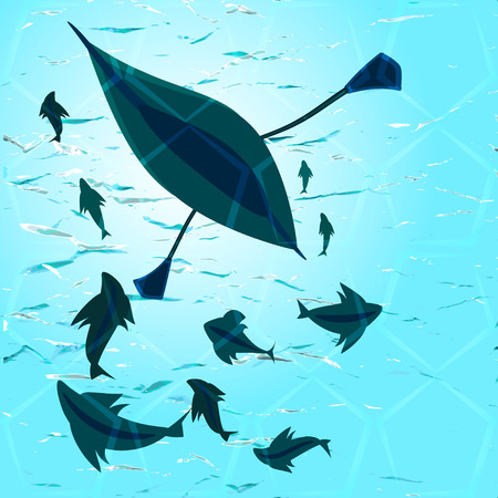 vector illustration of a rowing boat and a school of fish in the deep waterのイラスト素材
