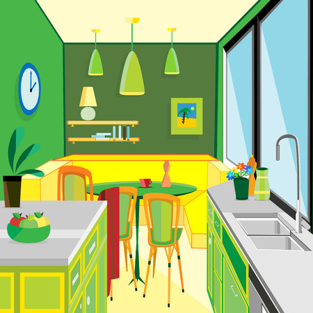 vector illustration of a green kitchen work space and equipment flat designのイラスト素材