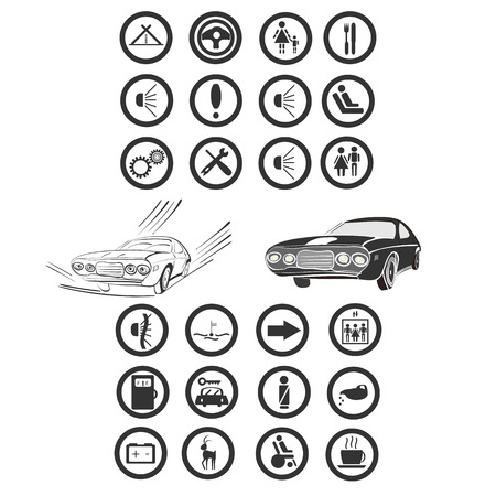 vector illustration of a twenty four car and services icons, grouped for an easier use, with  a couple of monochrome cars in the middleのイラスト素材