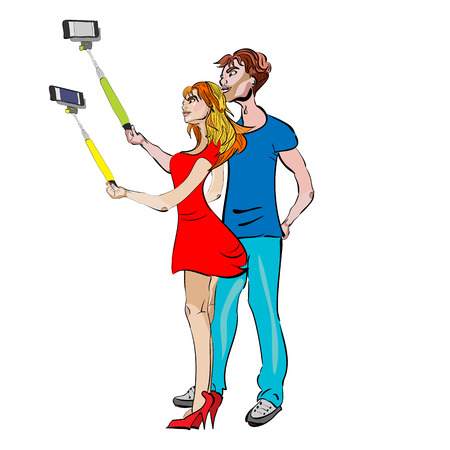 vector illustration of a hand drawn couple taking selfies on the phonesのイラスト素材