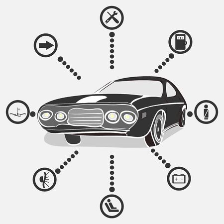 vector illustration of a monochrome retro car with car indication iconsのイラスト素材