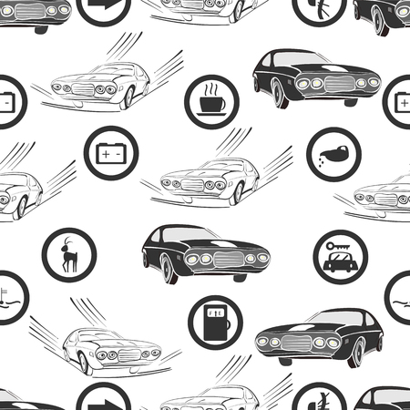 vector illustration of a seamless pattern of retro, monochrome cars and road , and service signsのイラスト素材