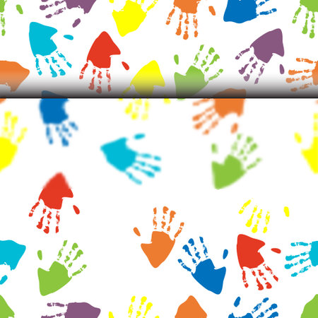vector illustration of the seamless pattern with colorful hand prints, rolling effect background and blured middle partのイラスト素材