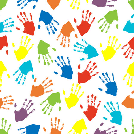vector illustration of a seamless pattern with human hand prints, used all rainbow colorsのイラスト素材