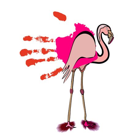 decorative vector illustration of a funny pink flamingo, drawn from the hand printのイラスト素材
