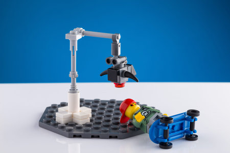 Dental microscope for kids on a white table with blue background with reflection