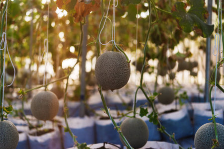 Fresh lot of melons hanging  plants growing in greenhouseの写真素材