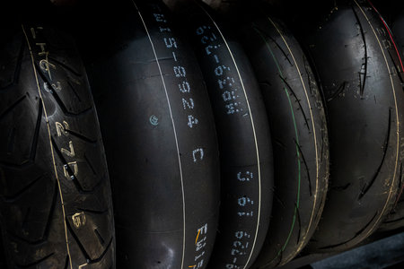 Close up of car tires in the garage. Selective focus.の写真素材