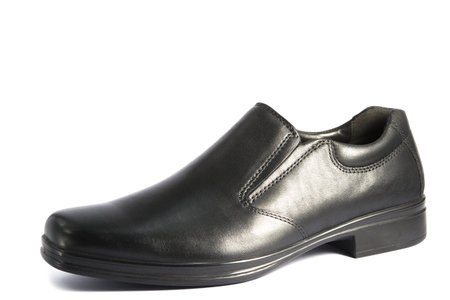 Black leather men's shoes isolated on a white background. Studio shot.の写真素材