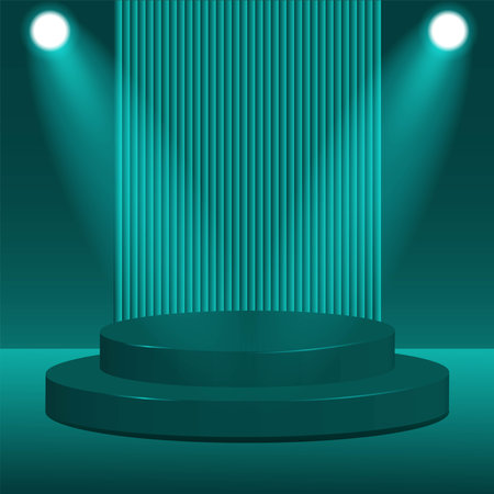 Round podium illuminated with spotlight. Award ceremony concept. Stage backdrop. Vector illustrationのイラスト素材