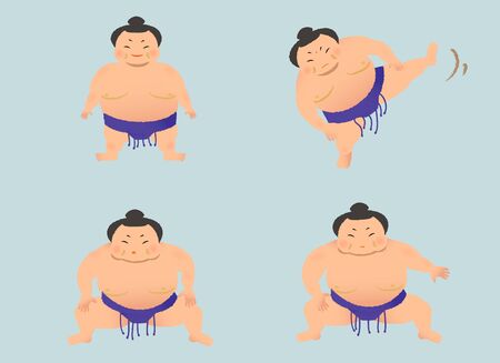 japanese Sumo wrestler stamp on the ring. cartoon character setのイラスト素材