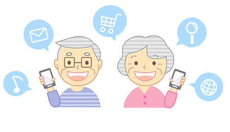 Elderly people and icons using smartphonesのイラスト素材