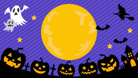 Halloween full moon night, ghosts and pumpkins party backgroundのイラスト素材