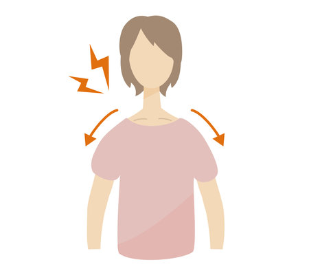 Woman suffering from thoracic outlet syndrome pain, stroking shoulderのイラスト素材