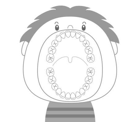 Black and white illustration of a child's teeth in mixed dentition stage with a wide open mouthのイラスト素材