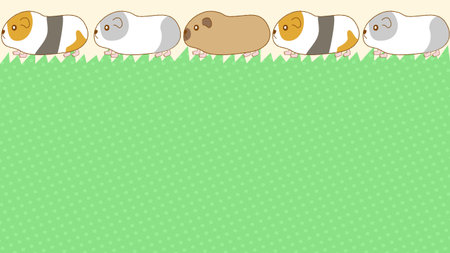Cute Frame Background of Guinea Pigs Walking in Line Across a Grassy Meadow Under the Blue Skyのイラスト素材