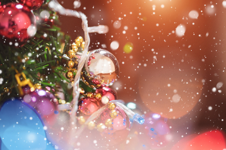 Close up christmas decoration on a wood background, New Year's gift.の写真素材