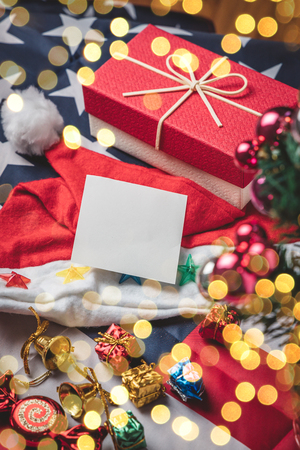 New Year and Christmas holiday, Close up greeting card paper with colorful gift box laid out as a background. Winter holidays.の写真素材