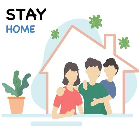 Stay at home and coronavirus COVID-19 concept - Happy families stay in the house to prevent spreading the virus. Quarantine or self-isolation. Vector illustration in flat style.のイラスト素材
