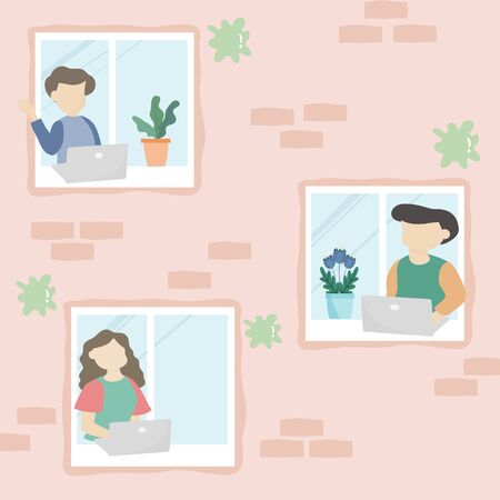 Stay home concept. People are quarantined or segregated in their homes to reduce the spread of the covid virus. House facade with windows. Vector flat design illustration.のイラスト素材