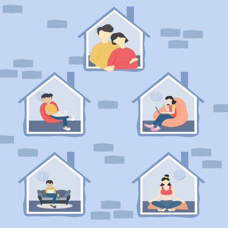 Stay at home and coronavirus COVID-19 concept - Men and women quarantine or isolate themselves during the outbreak of the virus. Vector illustration in flat style.のイラスト素材