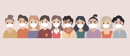 Concept of virus prevention and air pollution - Diverse group of people wearing medical masks to protect Covid-19 and air pollution. Diseases, respiratory viral infection. Vector illustration.のイラスト素材