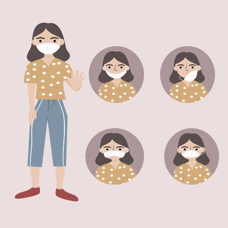 Coronavirus or Covid-19  epidemic concept. Young woman demonstrated wearing for masks that could not prevent viruses or air pollution. Vector illustration in a flat style.のイラスト素材